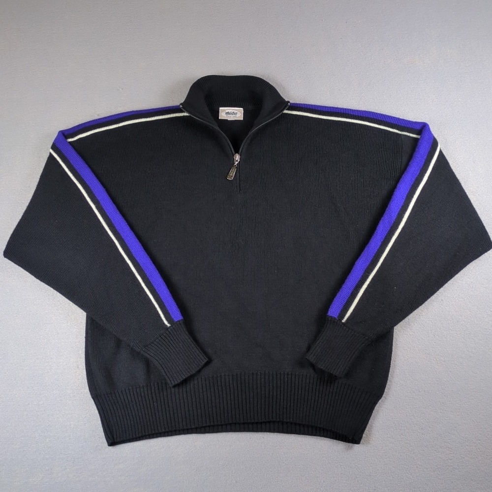 VTG Meister 1/4 Zip Ski Sweater Mens Large Black Wool Pullover Striped Sleeve